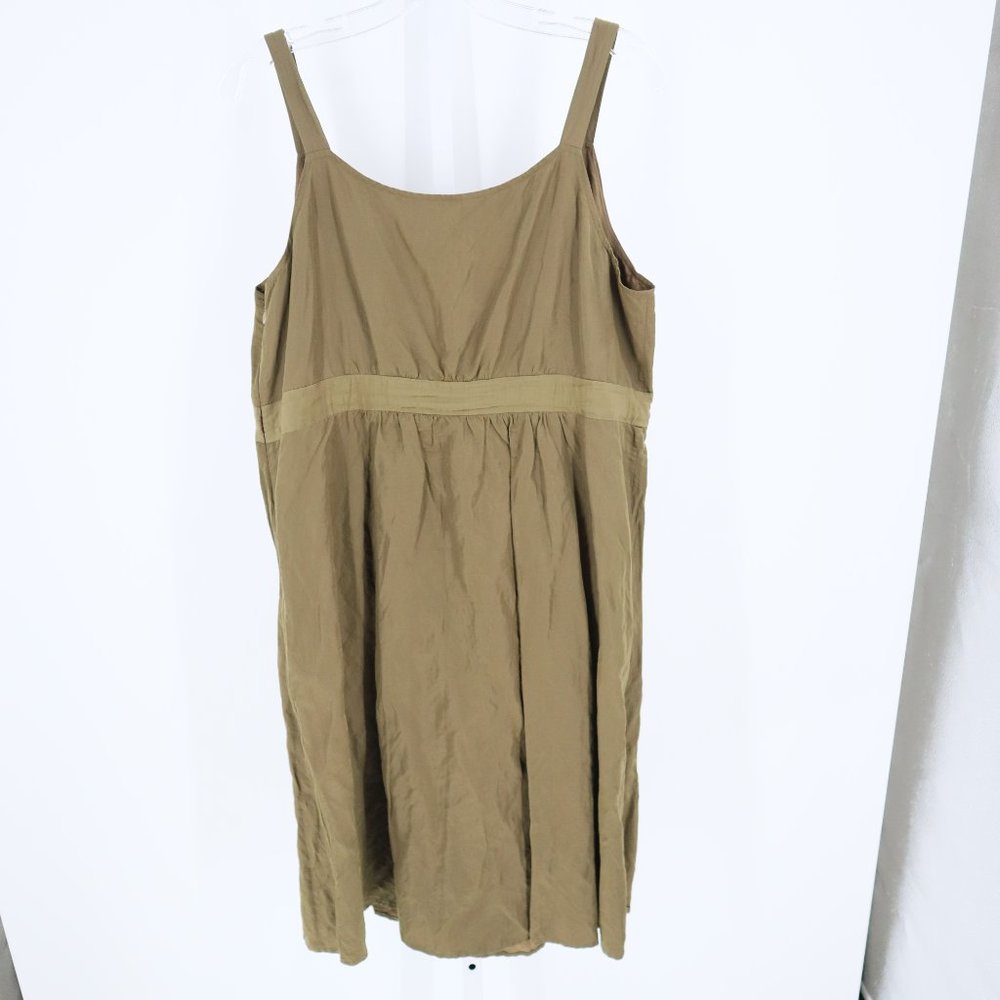 Eileen Fisher Sleeveless Satin Tie Waist V-Neck Dress Green/Brown - Picture 2 of 11